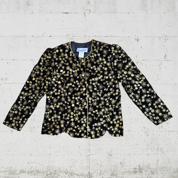 80s Vintage Black Velvet Gold Metallic Brocade Embroider USA Made Jacket Size 14 - Picture 2 of 10